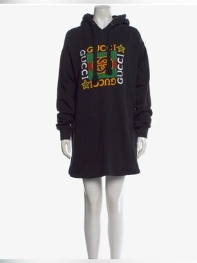 Gucci Graphic Print Hooded Pullover Mini Dress Made in Italy